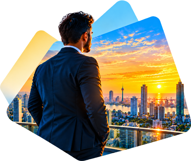 Fintech Credit Solutions - Leadership overlooking the Colombo skyline at sunset
